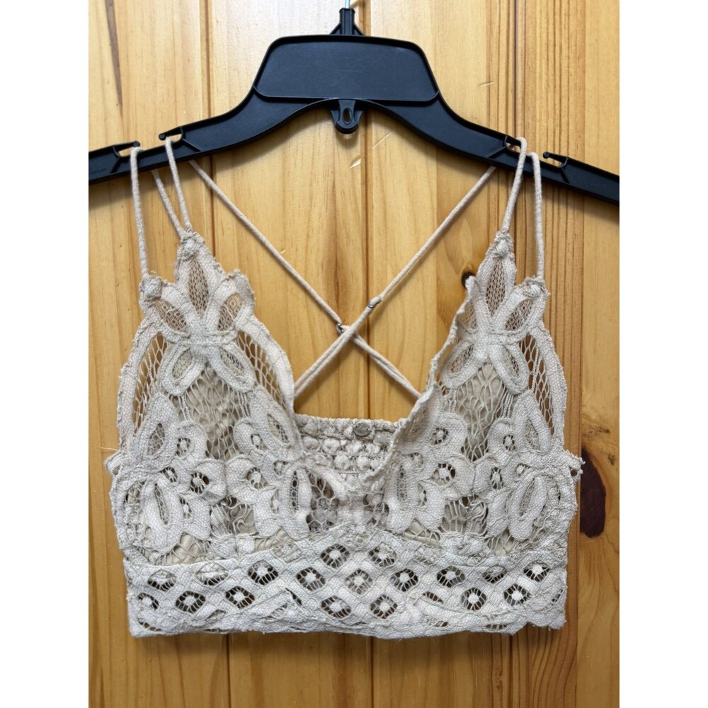 Free People FP One Adella Lace Bralette Boho Beige Taupe Strappy Back Size S